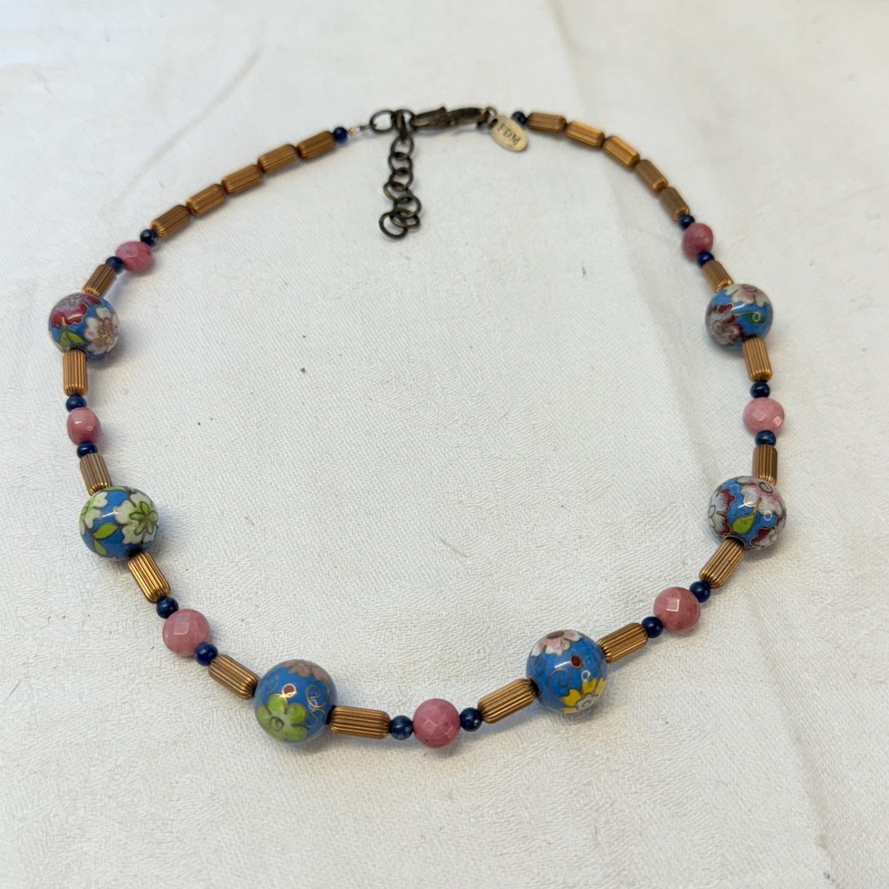 Artisan Vintage Cloisonne Lapis Rhodonite Gemstone Brass Bead Necklace 20" OOAK - Picture 4 of 6